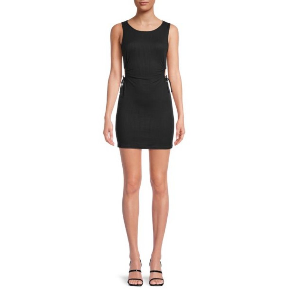 Women's Junior Ribbed Drawstring Side Cut-Out Sleeveless Dress